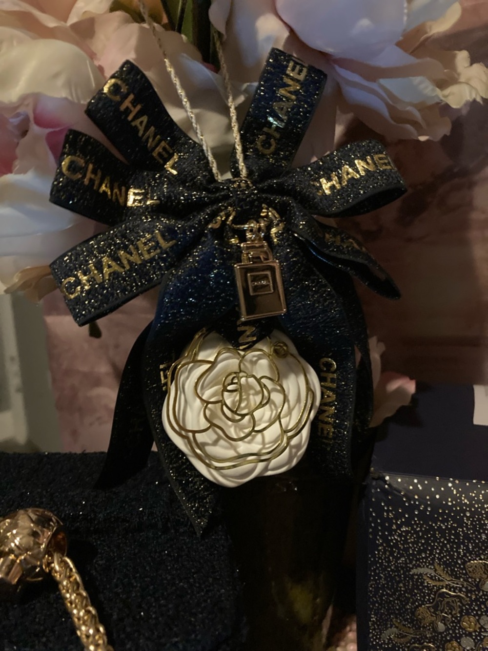 CHANEL  Navy Blue and Gold Glitter Crossbody with Camellia Charm, perfume bundle - Picture 3 of 7